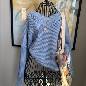 aerie Light Blue V-Neck Ribbed Sweater
